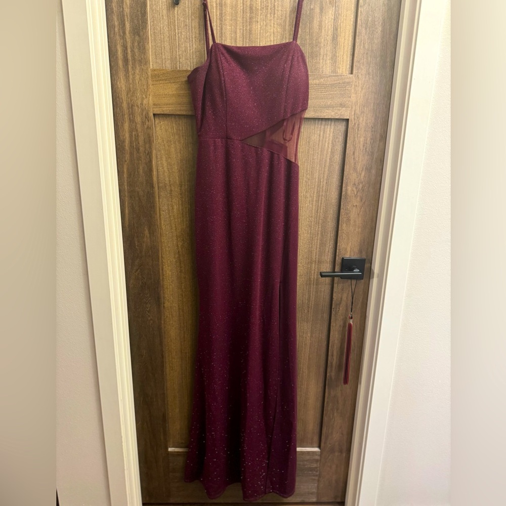 Red prom dress with mesh cutout and padding
